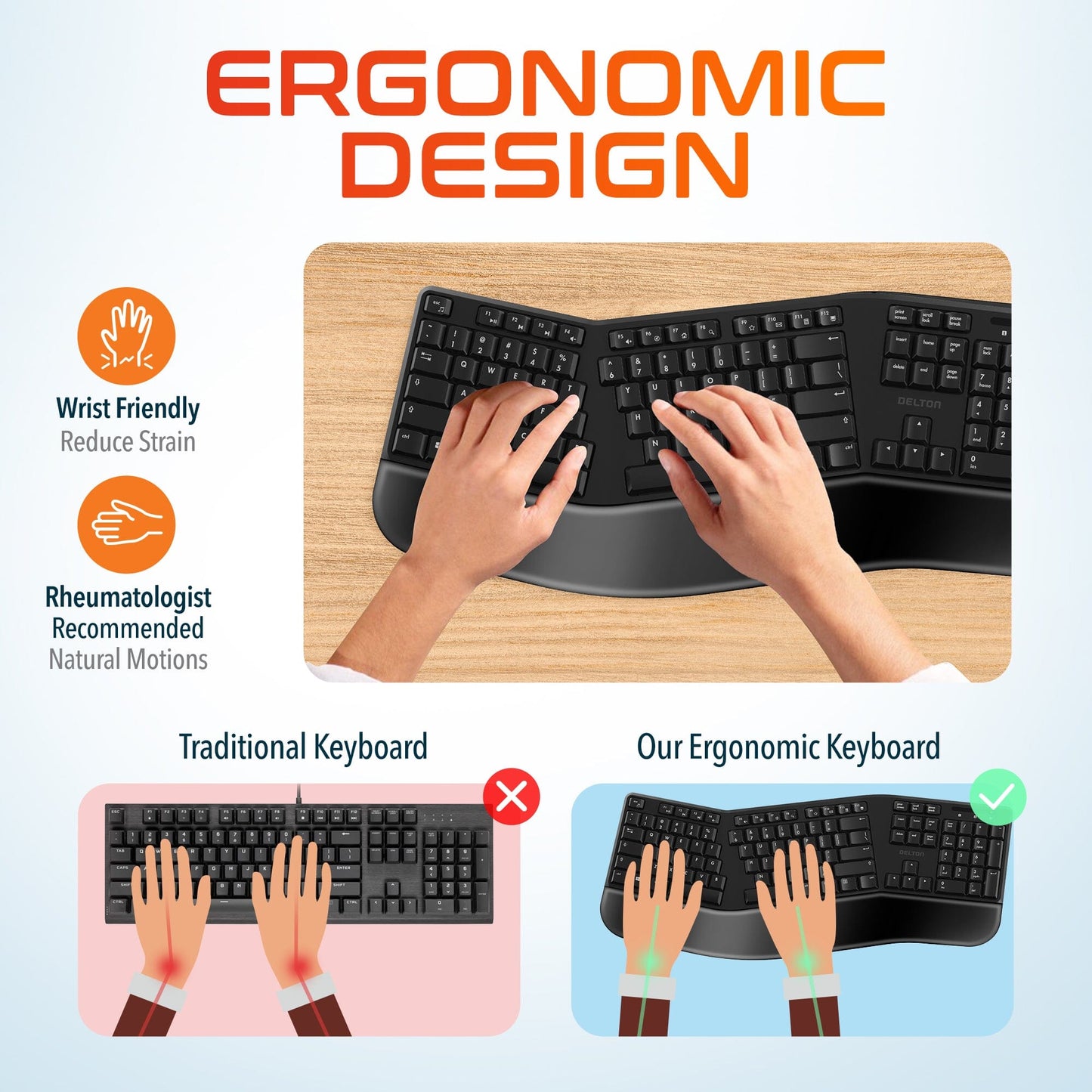 Delton KB200 Wireless Ergonomic Computer Keyboard, Full-Size Keyboard Wireless Keyboard - Tophatter Daily Deals
