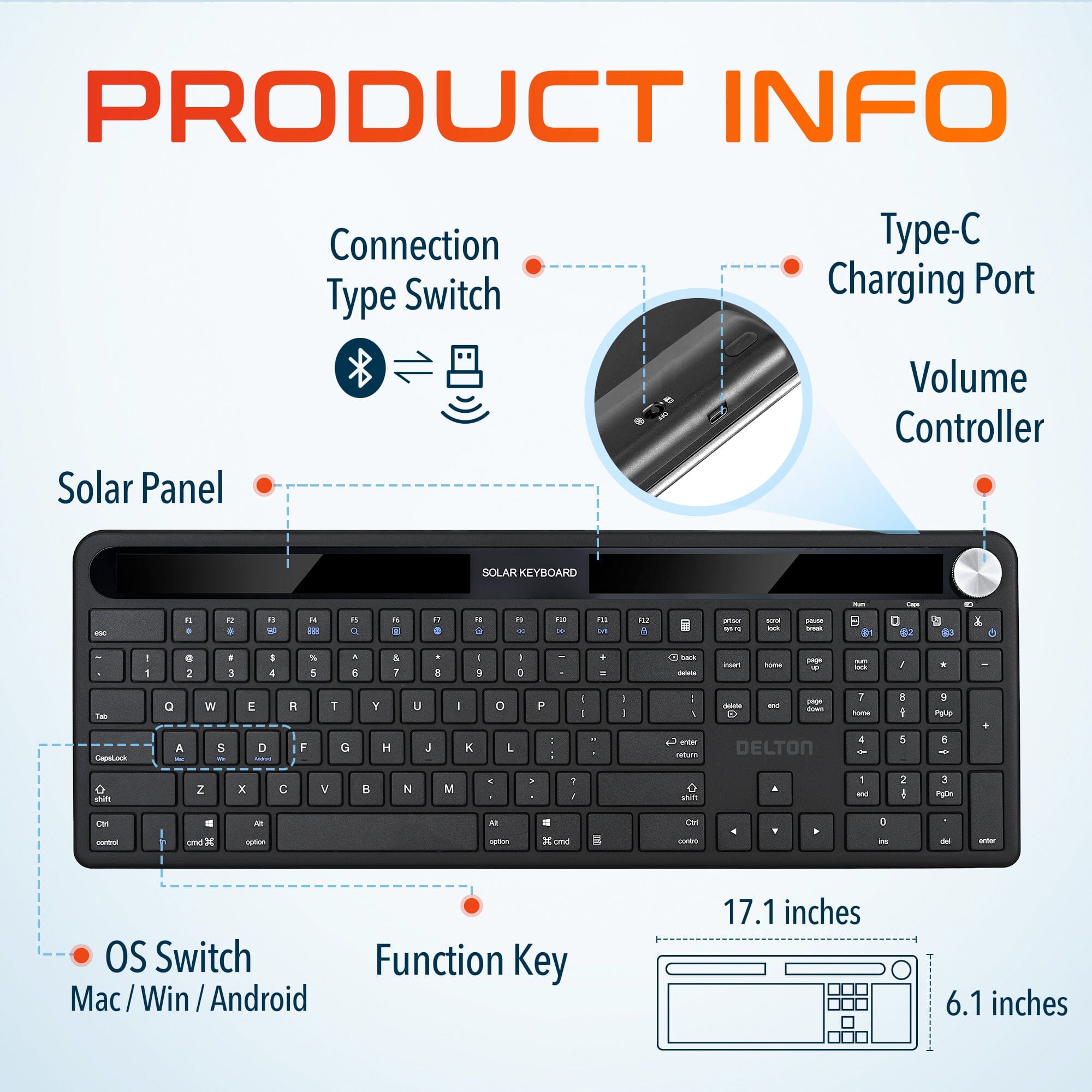 Delton KB90 Wireless Solar Keyboard, Rechargeable Wireless Keyboard with Quiet Keys, Solar Recharging Keyboard, Bluetooth Keyboard for Computer /Desktop /PC /Laptop /Windows. Wireless Keyboard - Tophatter Daily Deals