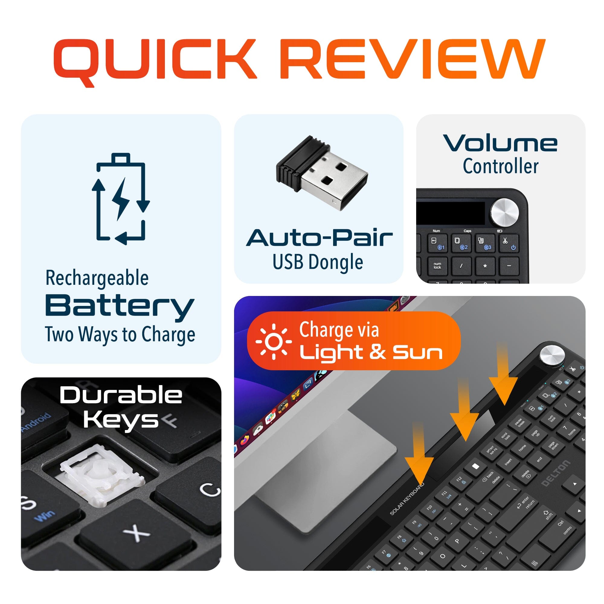 Delton KB90 Wireless Solar Keyboard, Rechargeable Wireless Keyboard with Quiet Keys, Solar Recharging Keyboard, Bluetooth Keyboard for Computer /Desktop /PC /Laptop /Windows. Wireless Keyboard - Tophatter Daily Deals