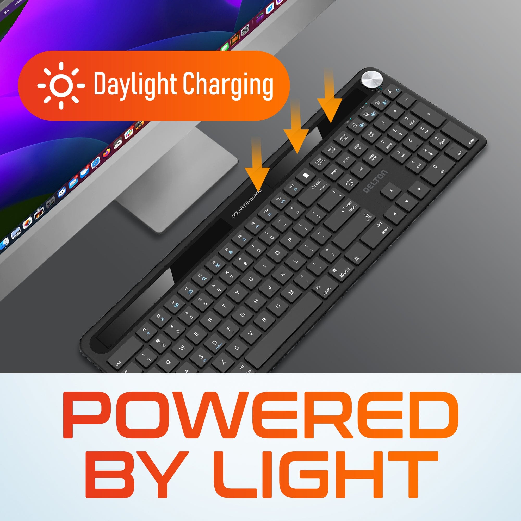 Delton KB90 Wireless Solar Keyboard, Rechargeable Wireless Keyboard with Quiet Keys, Solar Recharging Keyboard, Bluetooth Keyboard for Computer /Desktop /PC /Laptop /Windows. Wireless Keyboard - Tophatter Daily Deals