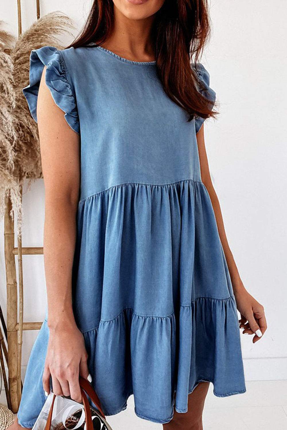 Ruffled Round Neck Cap Sleeve Mini Dress Sky Blue Casual Dresses - Tophatter Daily Deals