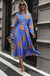 Floral Pleated Surplice Long Sleeve Midi Dress Cobalt Blue Casual Dresses - Tophatter Daily Deals