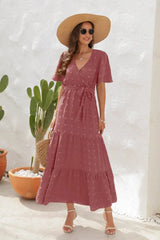 Swiss Dot Tied Surplice Short Sleeve Dress Light Mauve Casual Dresses - Tophatter Daily Deals