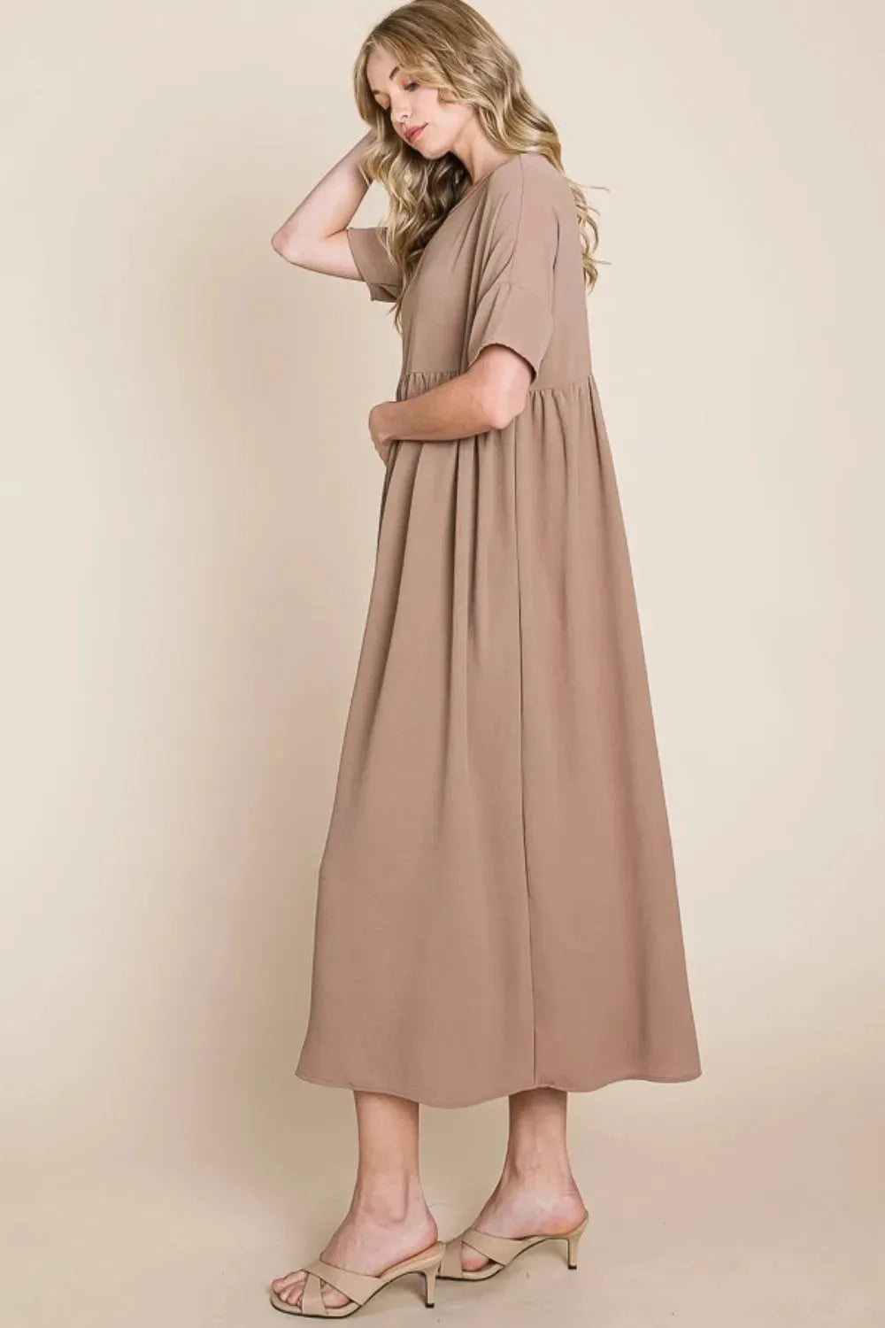 BOMBOM Round Neck Ruched Midi Dress Casual Dresses - Tophatter Daily Deals