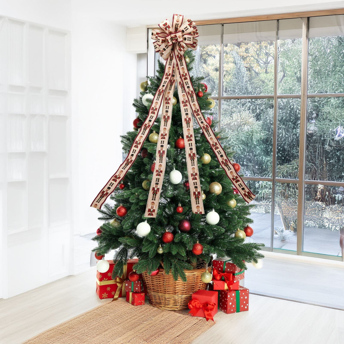 Nutcracker Tree Top Bow with Long Streamer | Fabric Christmas Tree Topper Tree Decoration - Tophatter Daily Deals