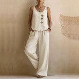 Women's Cotton Linen Sleeveless Tank Top & Pants Two-Piece Set White Women's Tops - Tophatter Daily Deals