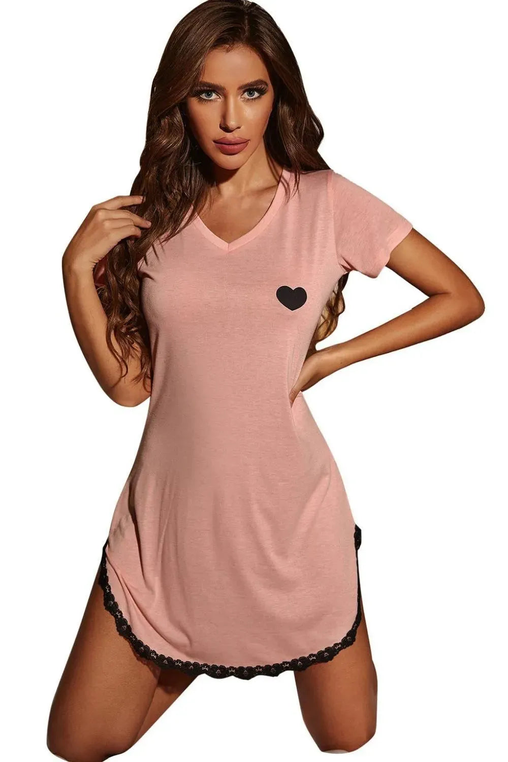Heart Graphic Lace Trim Night Dress Sleep Dresses - Tophatter Daily Deals