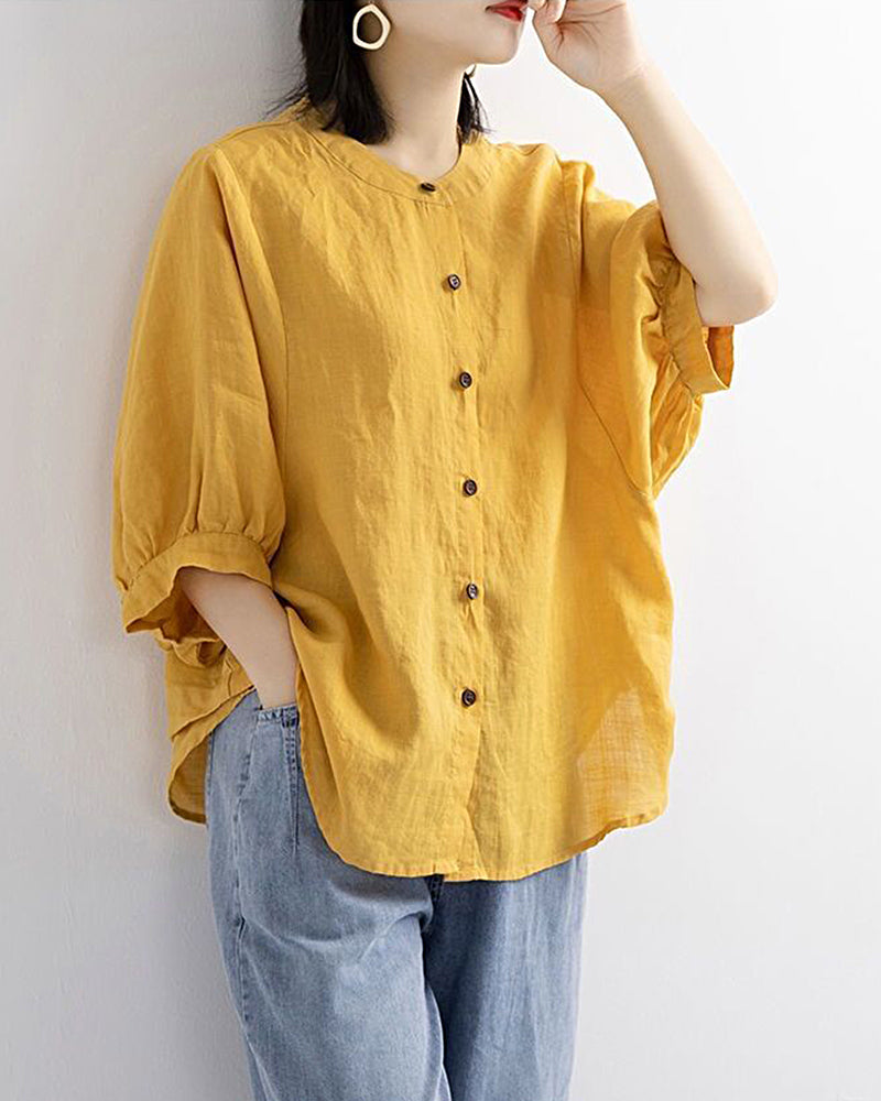 Lantern Sleeve Retro Loose Shirt Yellow Blouses & Shirts - Tophatter Daily Deals