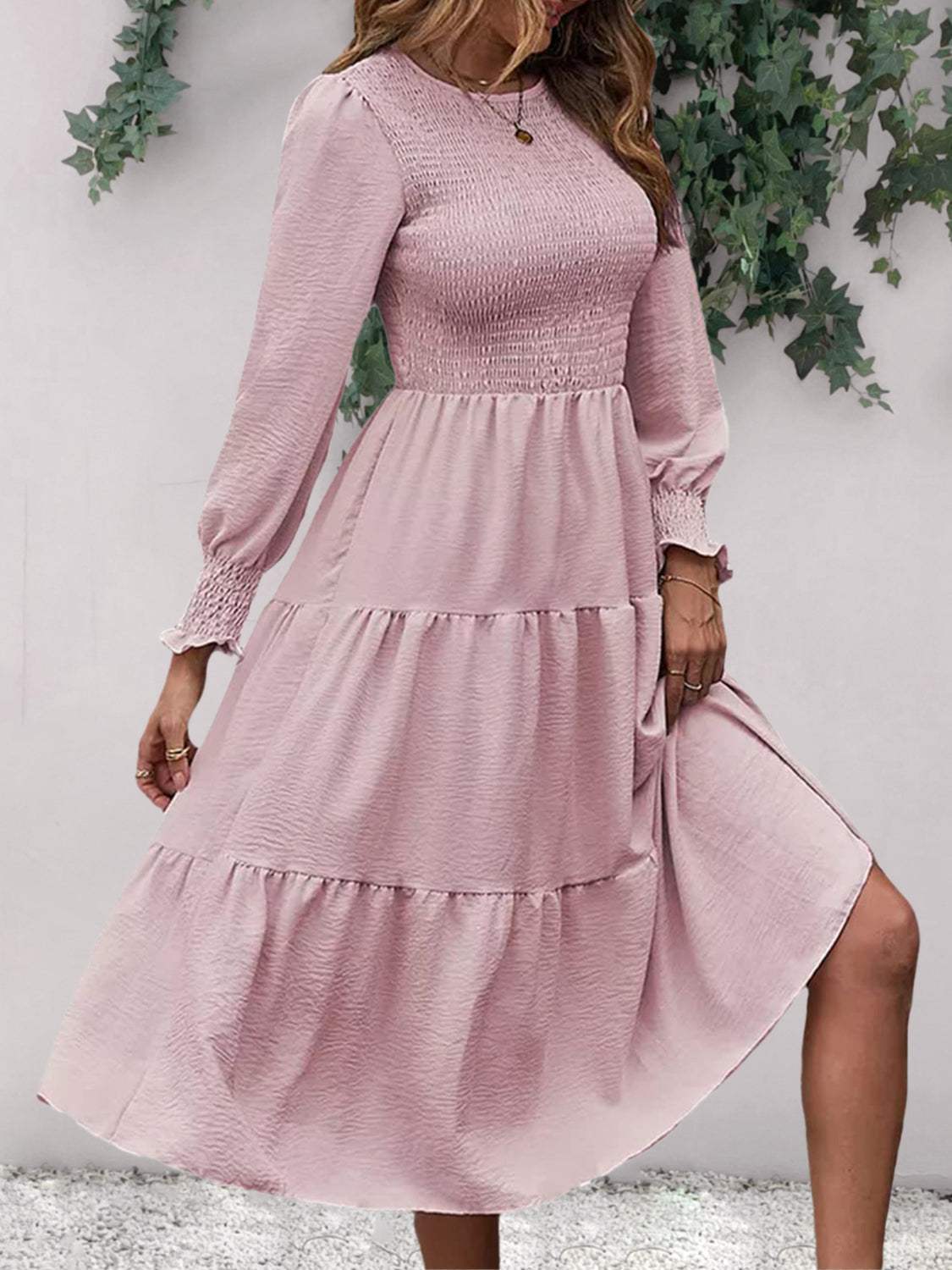 Smocked Round Neck Long Sleeve Midi Dress Casual Dresses - Tophatter Daily Deals