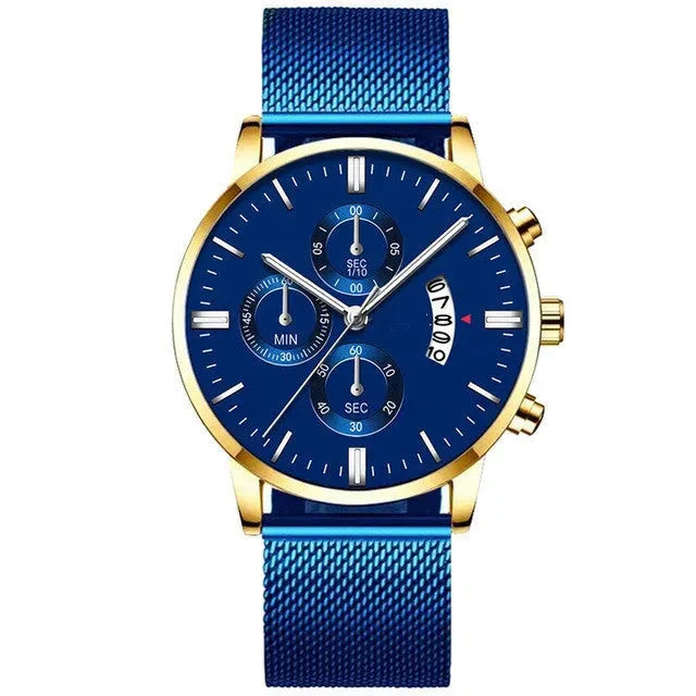 Mens Business Luxury Watches For Men Mesh Band Quartz Watch Blue Gold Watches - Tophatter Daily Deals