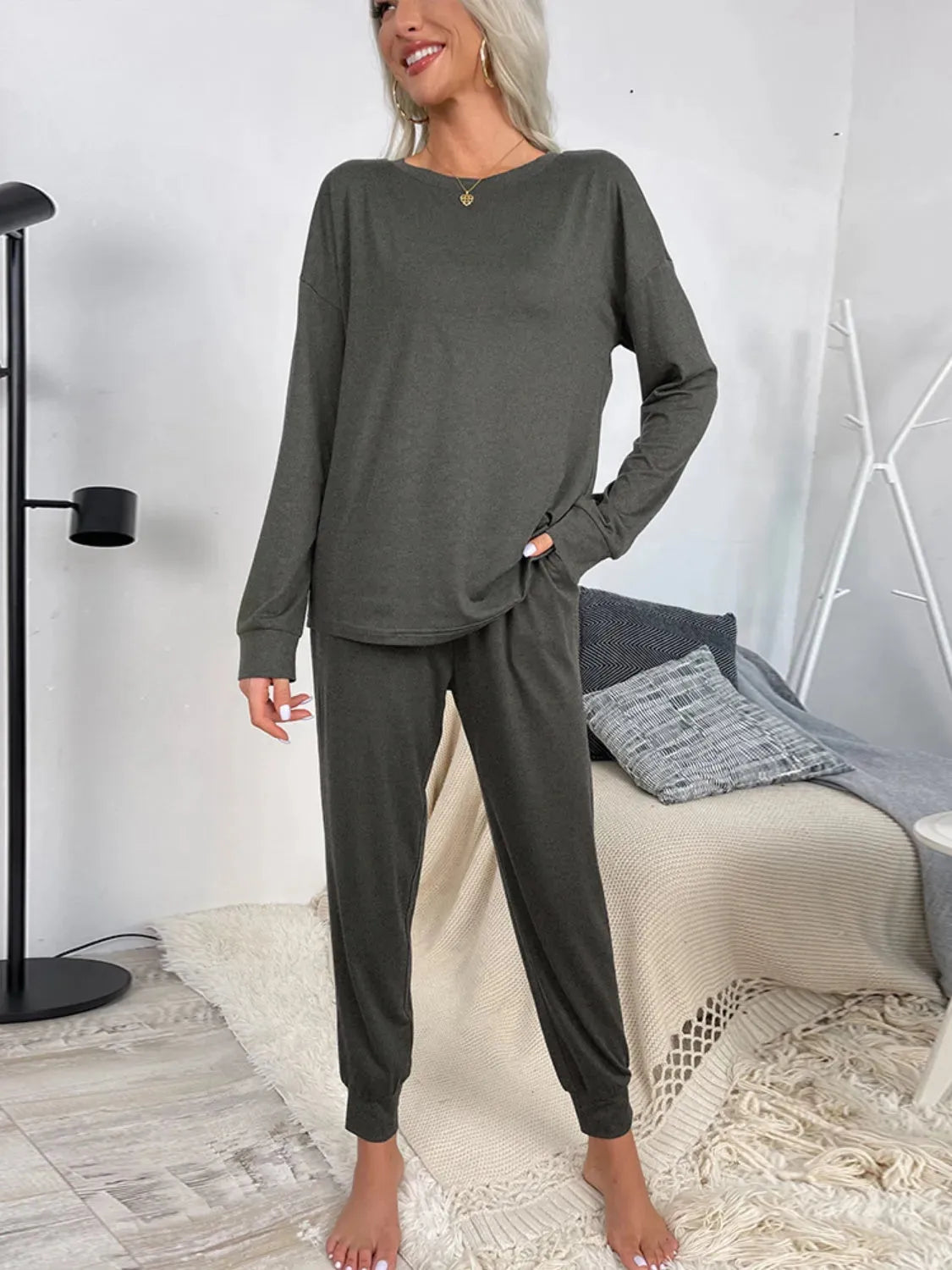 Round Neck Top and Drawstring Pants Lounge Set Loungewear Sets - Tophatter Daily Deals