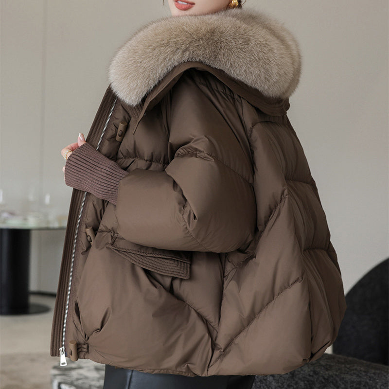 Insulating Women's Puffer Jacket - Short Boxy Fur Collar 3D Changing Face Moving Picture Frame - Tophatter Daily Deals