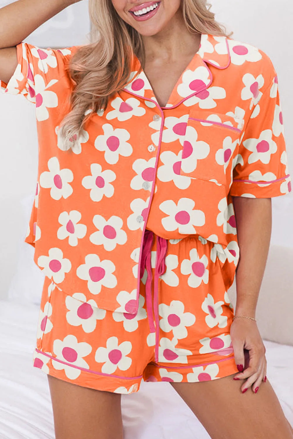 Orange Flower Print Short Sleeve Shirt Pajamas Set Orange 95%Polyester+5%Elastane Loungewear & Sleepwear/Sleepwear - Tophatter Daily Deals