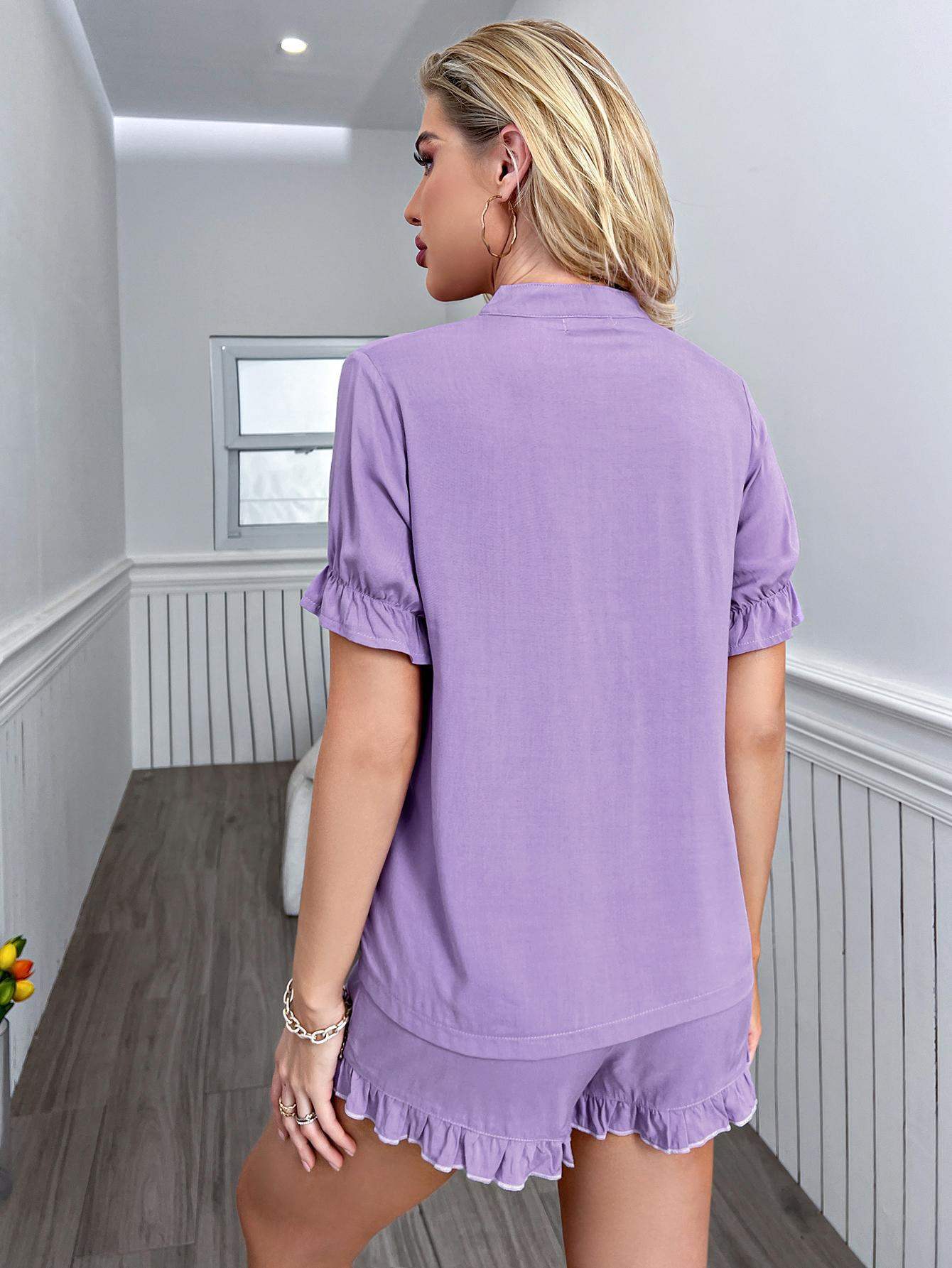 Flounce Sleeve Shirt and Frill Trim Shorts Lounge Set Loungewear Sets - Tophatter Daily Deals