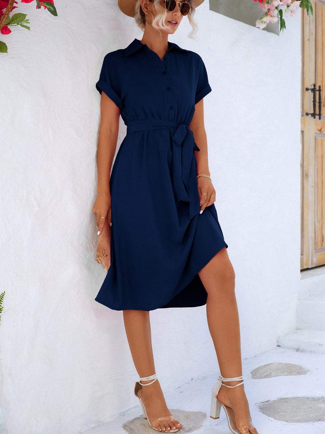 Buttoned Tie Waist Short Sleeve Dress Casual Dresses - Tophatter Daily Deals