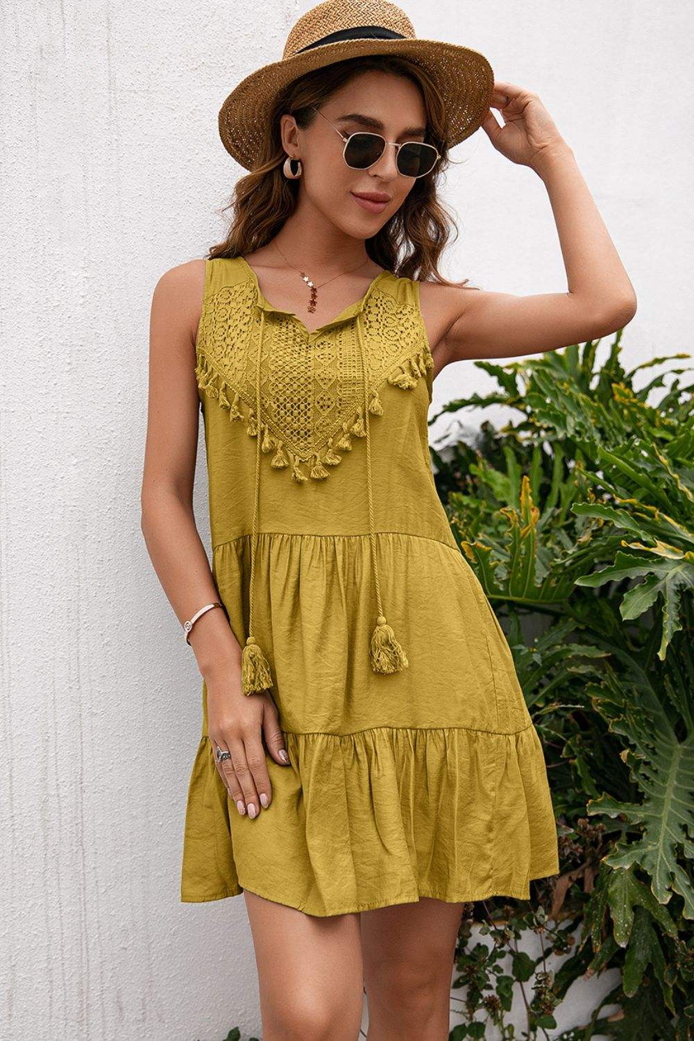 Tassel Tie Lace Trim Sleeveless Dress Straw Casual Dresses - Tophatter Daily Deals