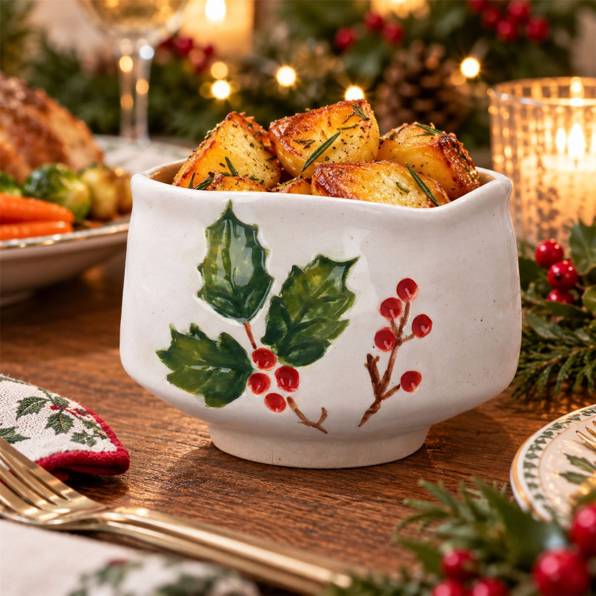 Holly & Berries Christmas Serving Bowl, Gisela Graham Ceramic 12.5cm Bowl - Tophatter Daily Deals