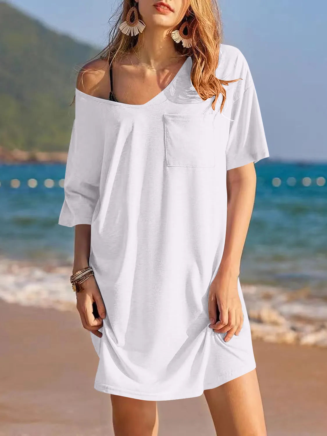 Pocketed V-Neck Short Sleeve Tee Dress Casual Dresses - Tophatter Daily Deals