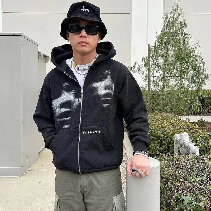 Oversized Unisex Zip Hoodie - Boxy Zip Front, Cotton 3D Changing Face Moving Picture Frame - Tophatter Daily Deals