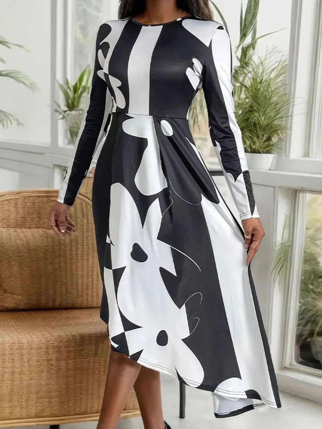 Asymmetrical Slit Round Neck Long Sleeve Midi Dress Casual Dresses - Tophatter Daily Deals