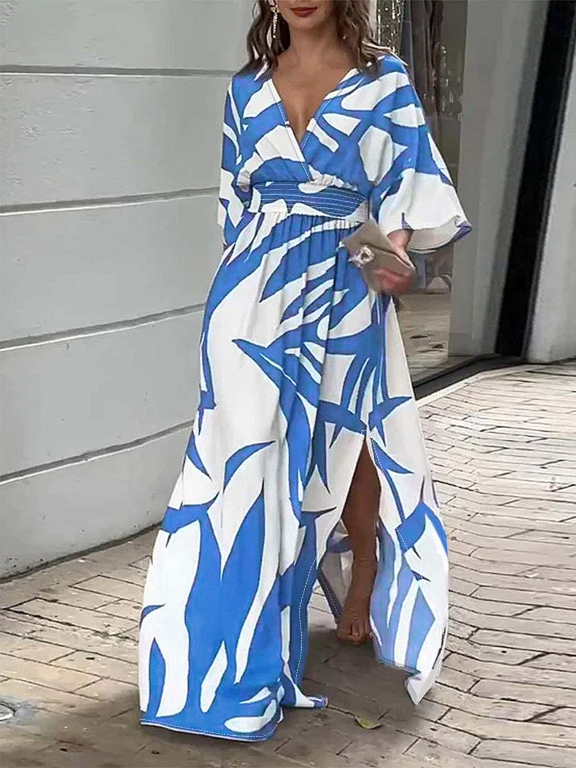 Slit Printed Surplice Maxi Dress Ultra marine Casual Dresses - Tophatter Daily Deals