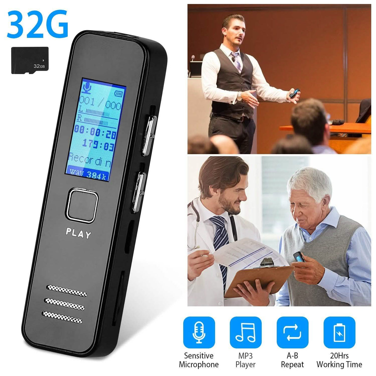 Digital Voice Recorder 32GB HD Sound Audio Recorder Audio Accessories - Tophatter Daily Deals