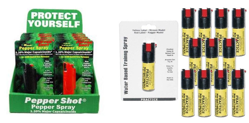 12) Hard-Case Mix Colors Pepper Shot & Practice Sprays with Display Self Defense - Tophatter Daily Deals