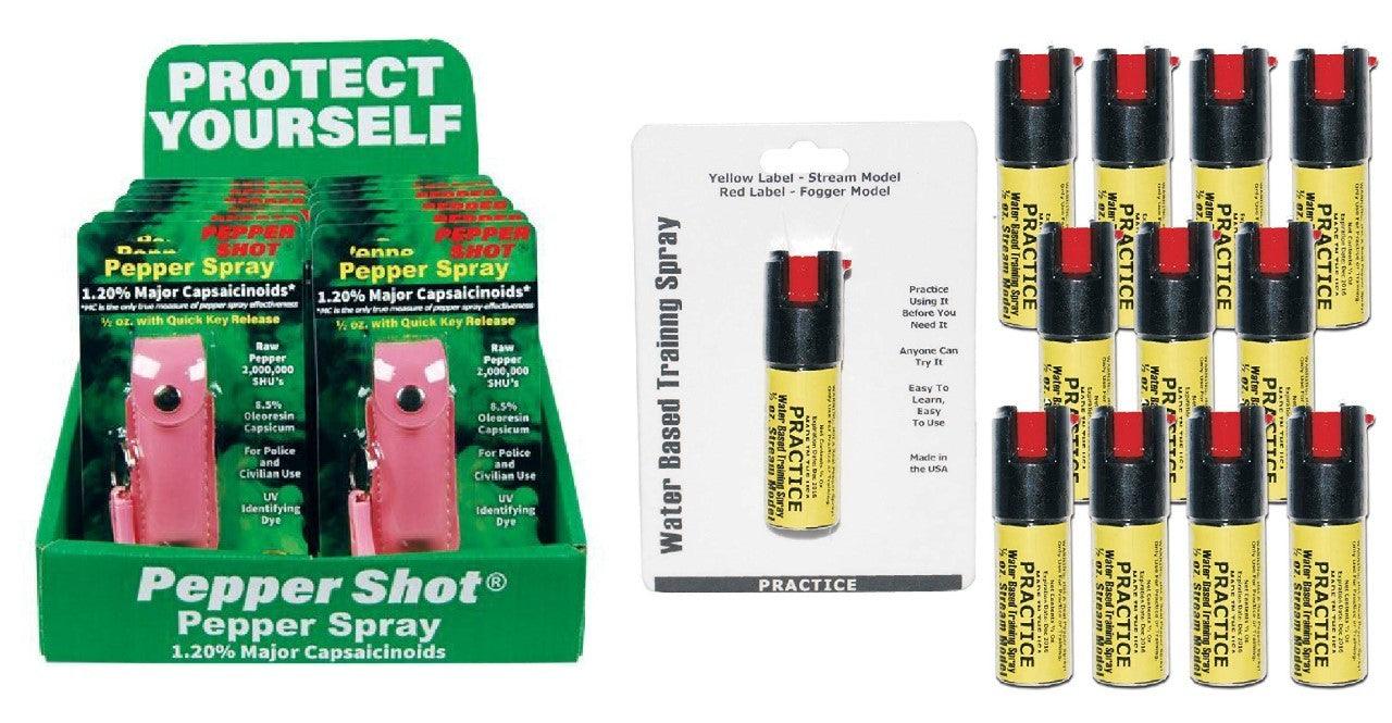 12) Pink Pepper Shot & Practice Sprays with Display Self Defense - Tophatter Daily Deals