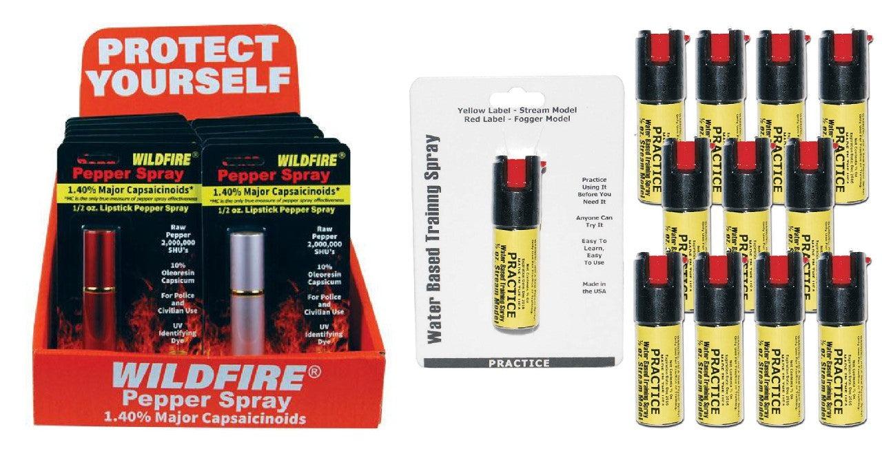 12) Wildfire Mix Colors Pepper & Practice Sprays with Display Self Defense - Tophatter Daily Deals