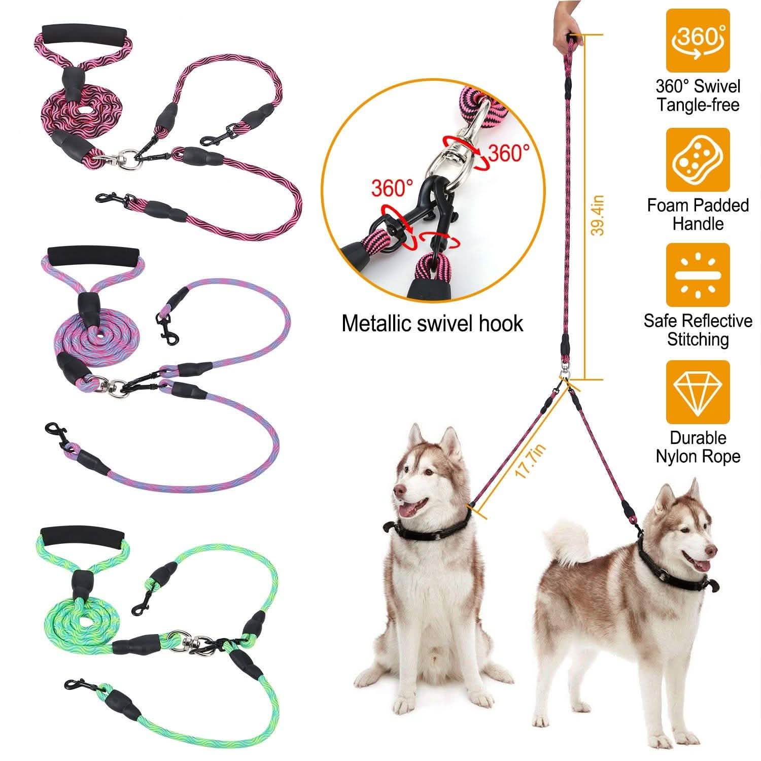 Double Dog Leash No-Tangle with Swivel Coupler Padded Handle Pet Supplies - Tophatter Daily Deals