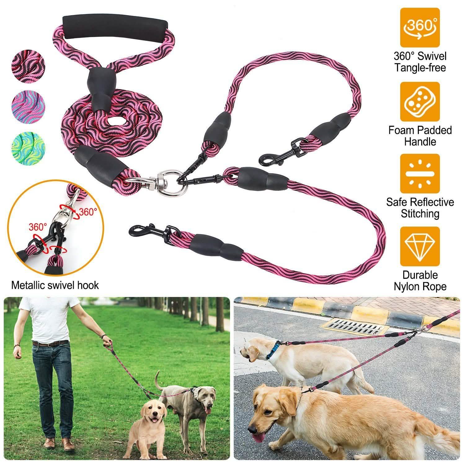 Double Dog Leash No-Tangle with Swivel Coupler Padded Handle Pet Supplies - Tophatter Daily Deals