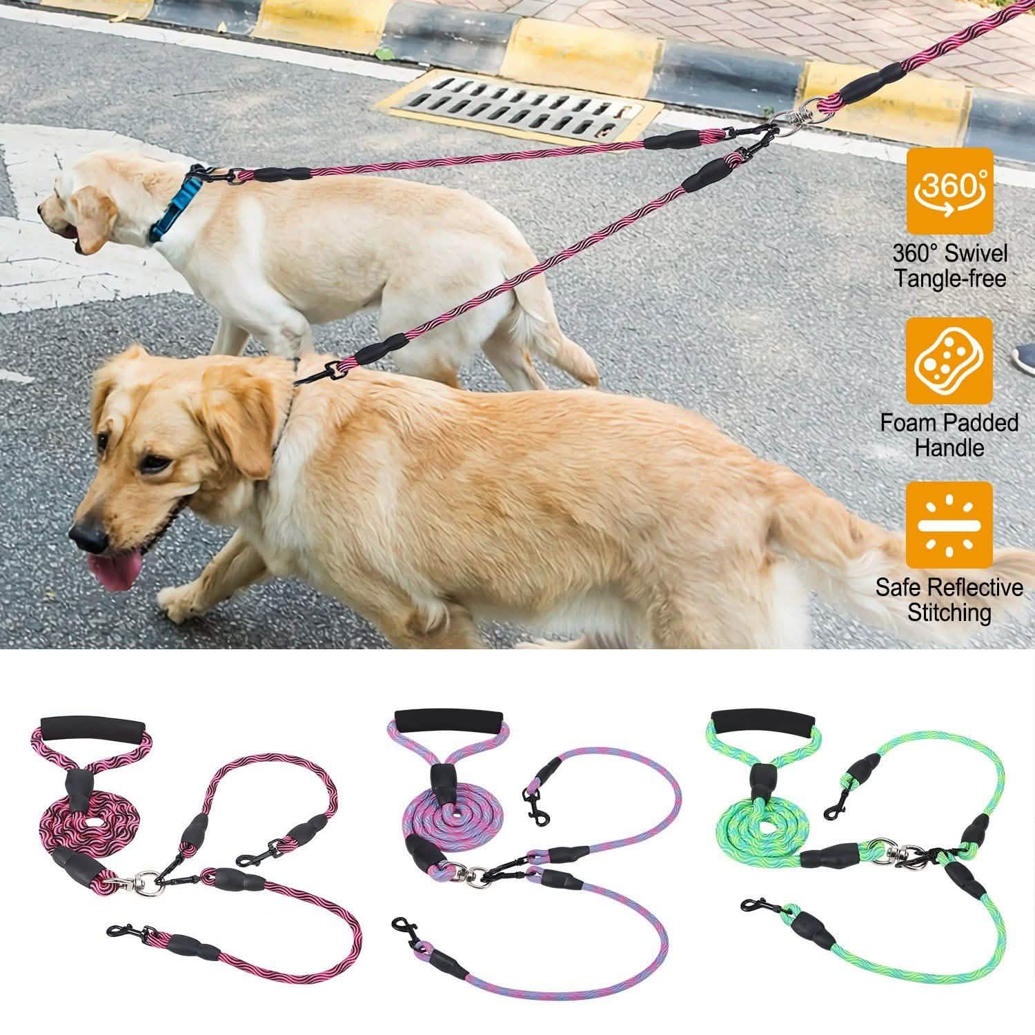 Double Dog Leash No-Tangle with Swivel Coupler Padded Handle Pet Supplies - Tophatter Daily Deals