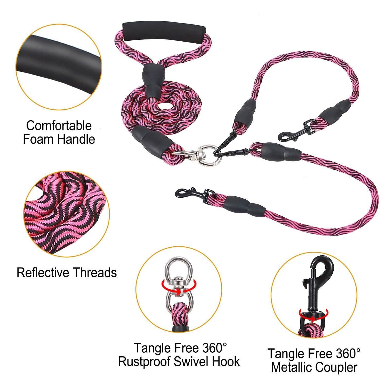 Double Dog Leash No-Tangle with Swivel Coupler Padded Handle Pet Supplies - Tophatter Daily Deals