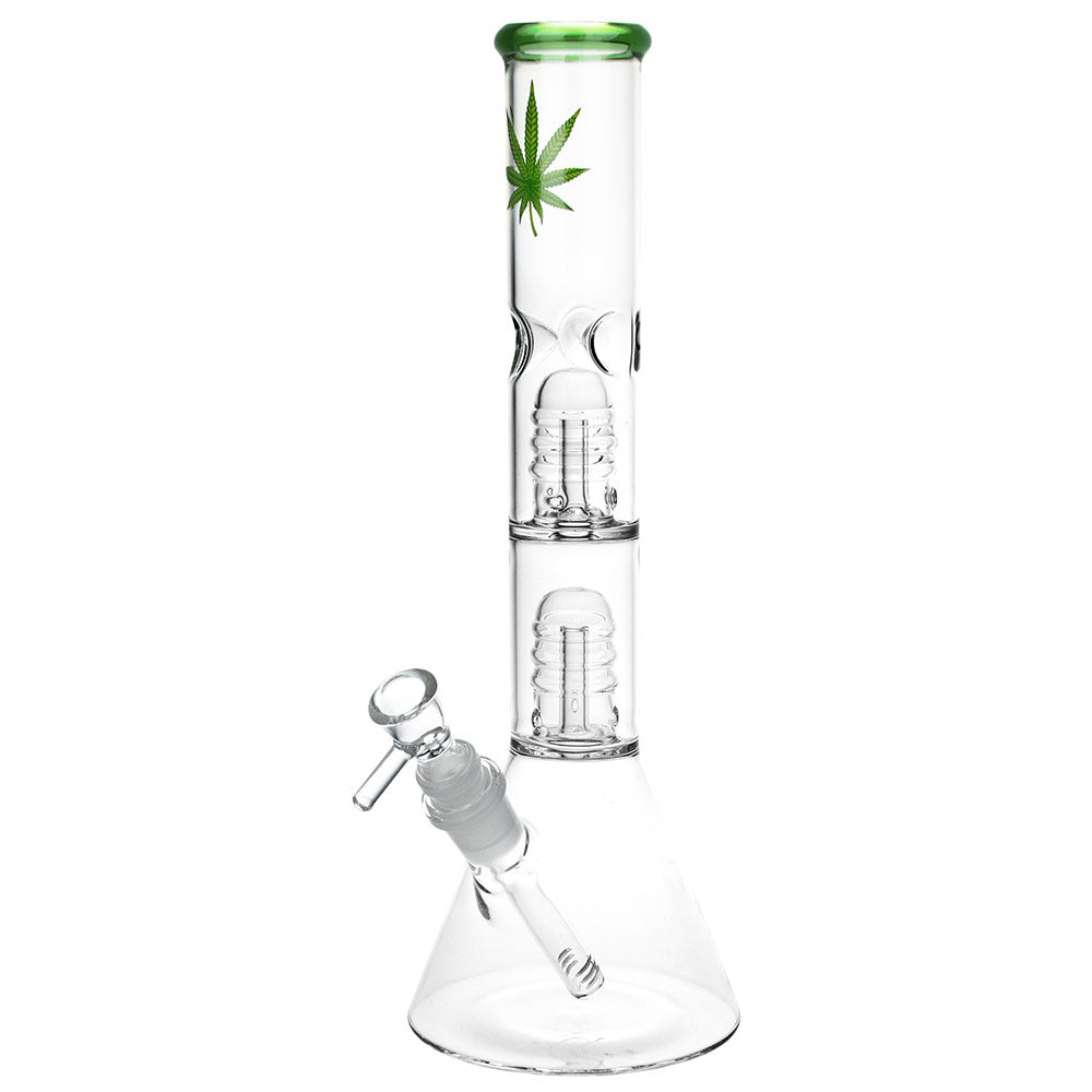 Double Stacked Weed Leaf Beaker Bong Transparent Green Glass Bongs - Tophatter Daily Deals