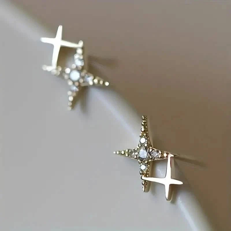 Double Star Design Stud Earrings Inlaid Zirconia Earrings - Tophatter Daily Deals