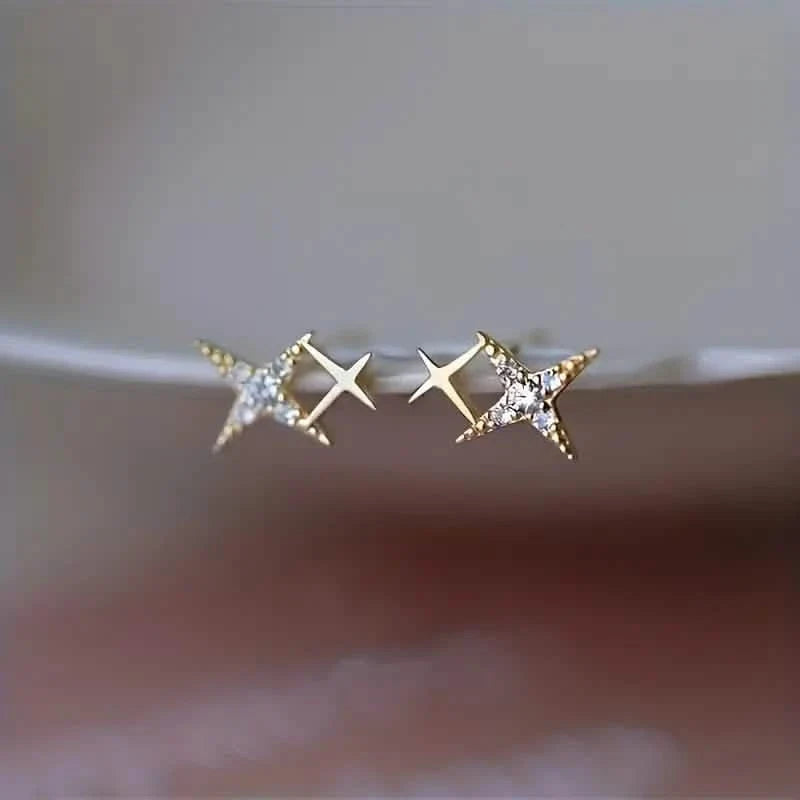Double Star Design Stud Earrings Inlaid Zirconia Gold Earrings - Tophatter Daily Deals