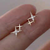 Double Star Design Stud Earrings Inlaid Zirconia Silver Earrings - Tophatter Daily Deals