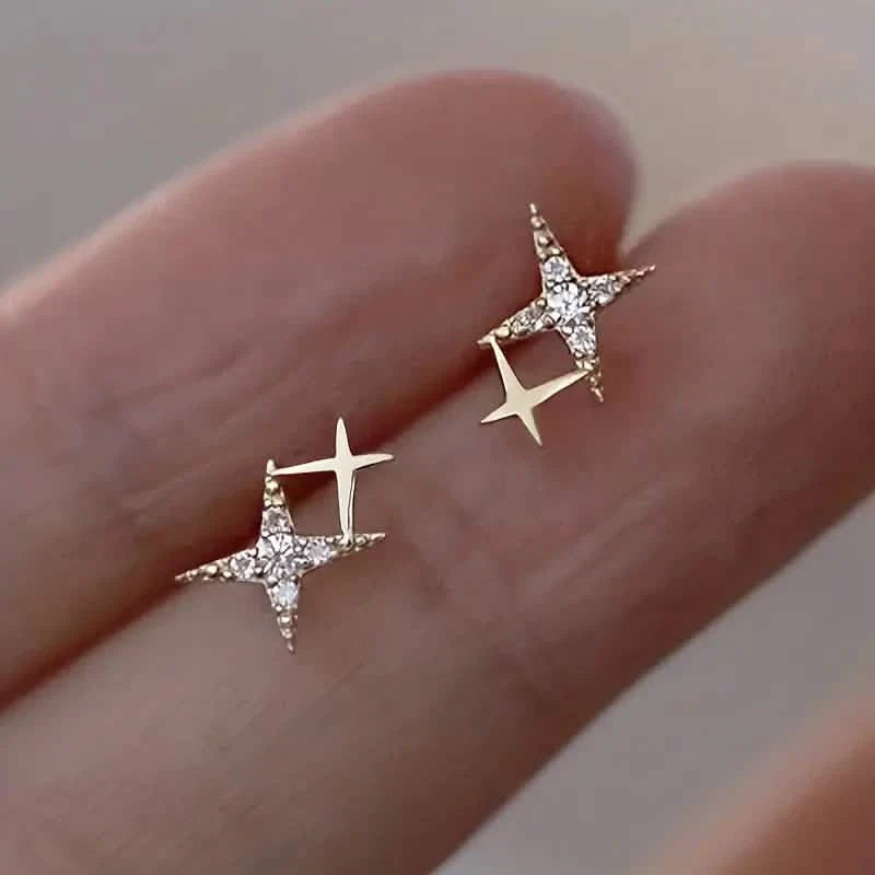 Double Star Design Stud Earrings Inlaid Zirconia Silver Earrings - Tophatter Daily Deals