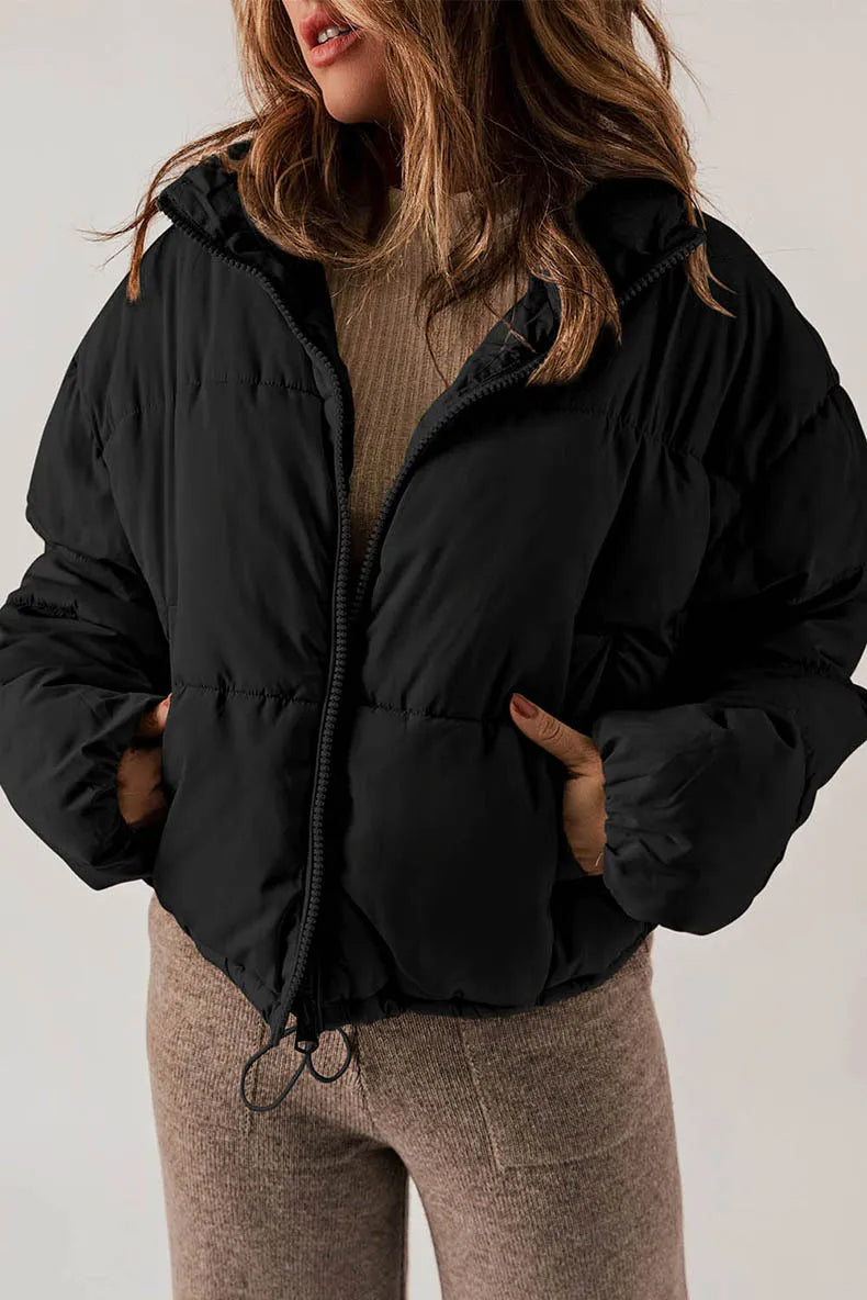 Insulating Womens Puffer Jacket - Cropped Boxy Polyester Black - Tophatter Daily Deals