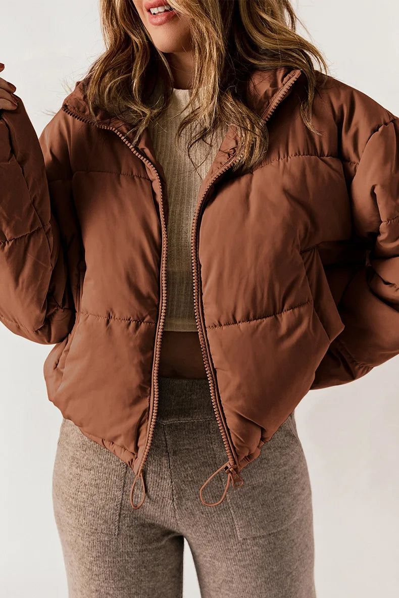 Insulating Womens Puffer Jacket - Cropped Boxy Polyester - Tophatter Daily Deals