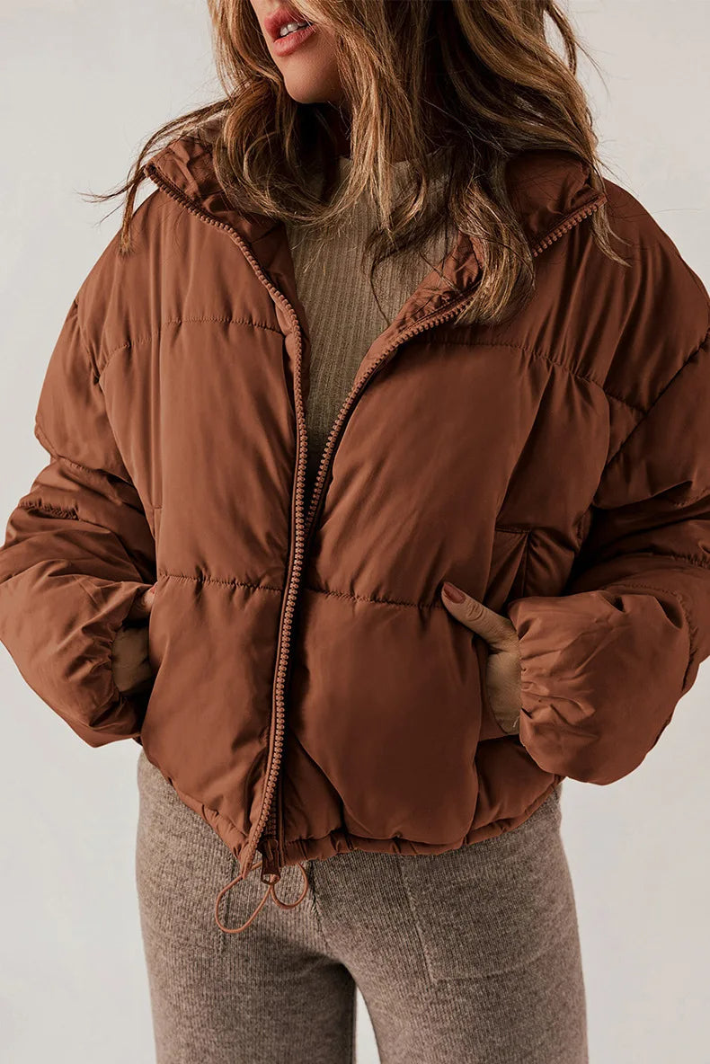 Insulating Womens Puffer Jacket - Cropped Boxy Polyester Brown - Tophatter Daily Deals