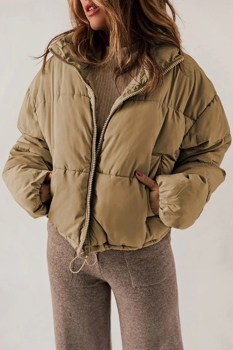 Insulating Womens Puffer Jacket - Cropped Boxy Polyester Khaki - Tophatter Daily Deals