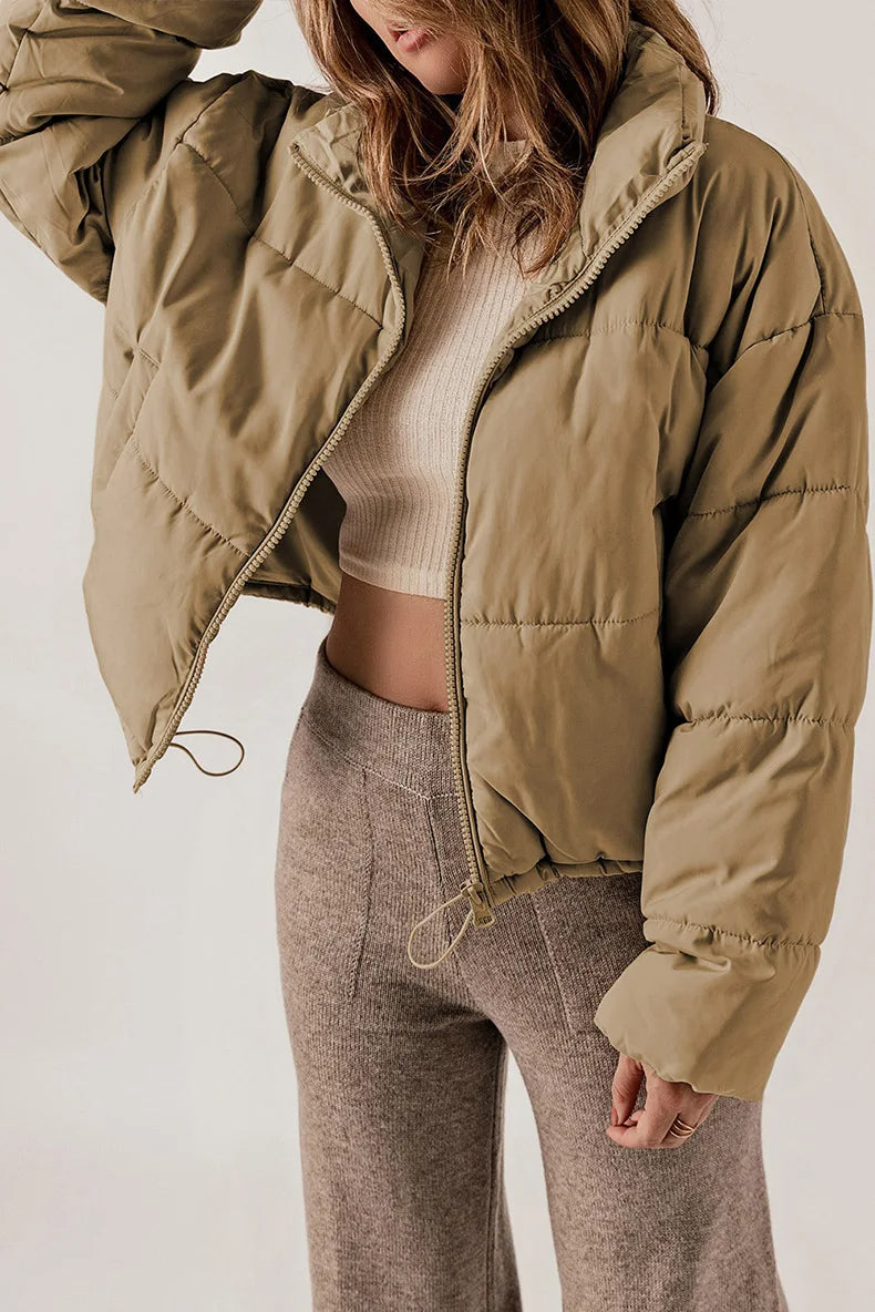 Insulating Womens Puffer Jacket - Cropped Boxy Polyester - Tophatter Daily Deals