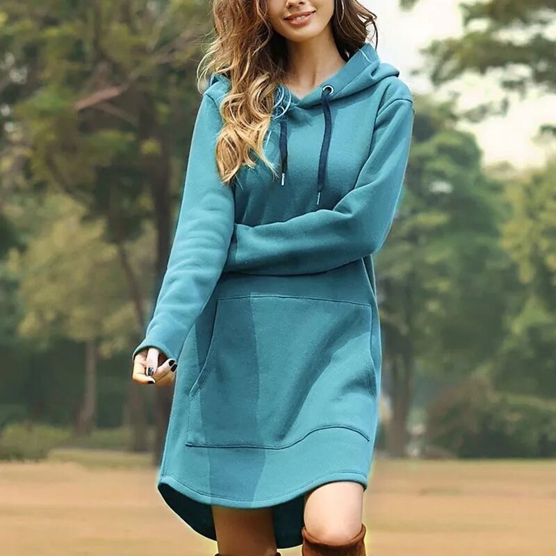 Soft Cozy Women's Hoodie Dress - Longline Brushed Knit Blue - Tophatter Daily Deals