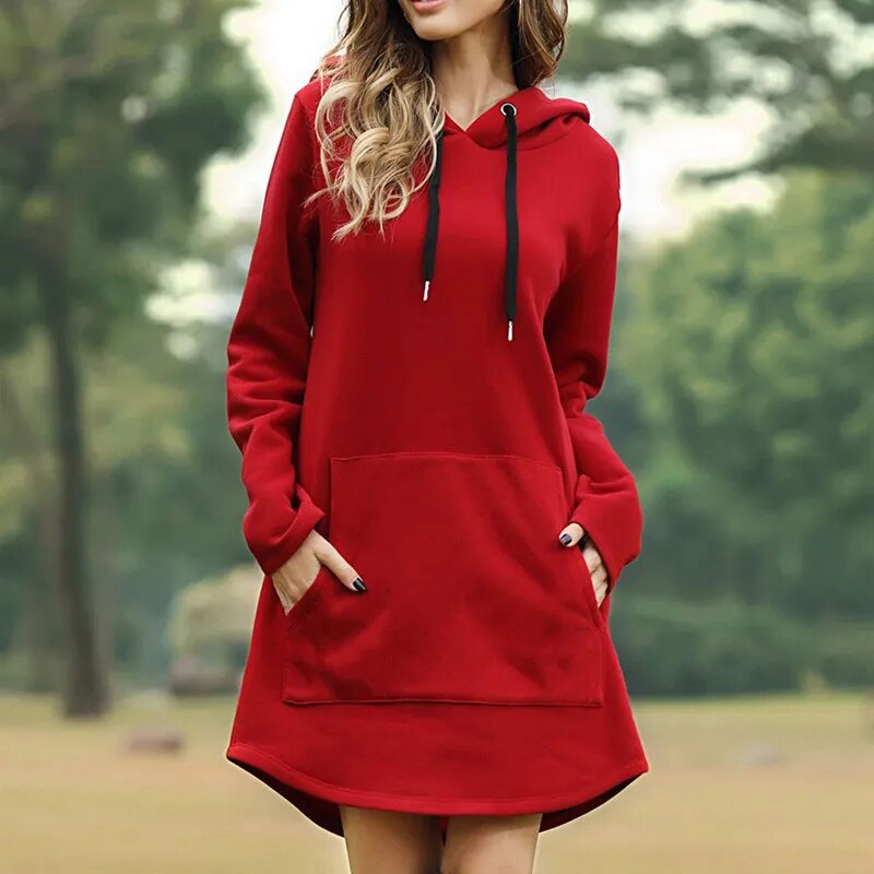 Soft Cozy Women's Hoodie Dress - Longline Brushed Knit Red - Tophatter Daily Deals
