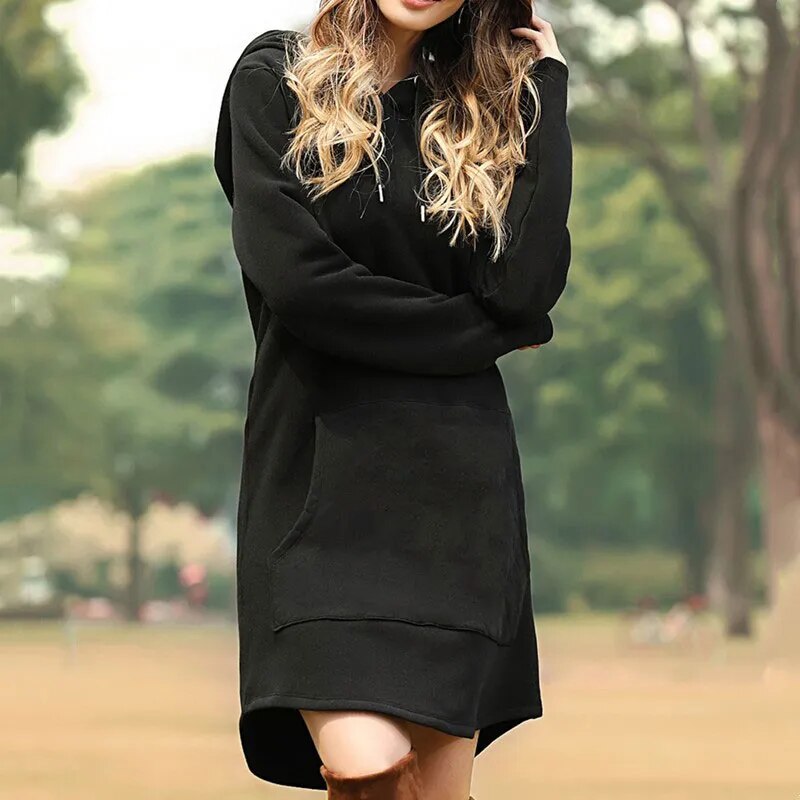 Soft Cozy Women's Hoodie Dress - Longline Brushed Knit Black - Tophatter Daily Deals