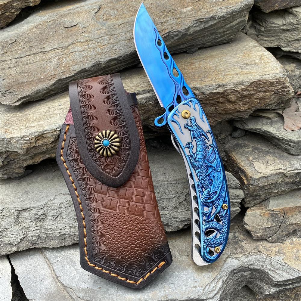 3D Western Dragon Folding Knife Blue & Case - Tophatter Daily Deals