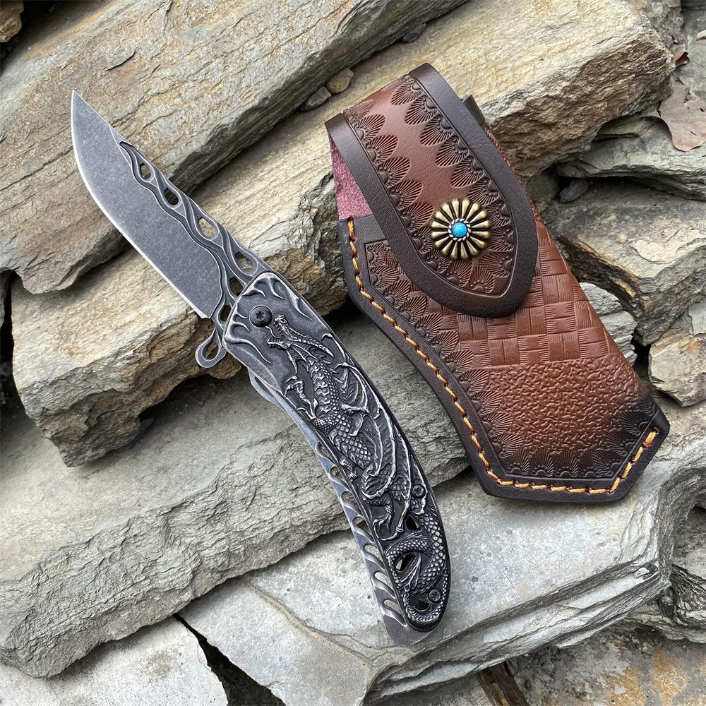 3D Western Dragon Folding Knife Black & Case - Tophatter Daily Deals