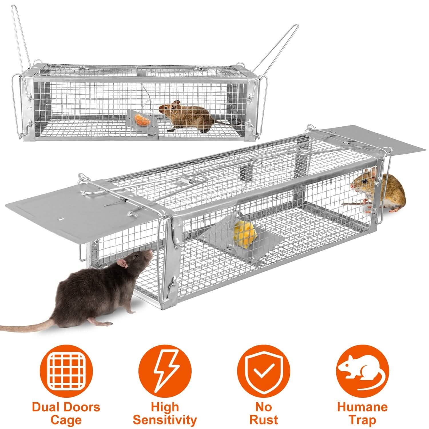 Dual Door Rat Trap Cage Humane with 2 Detachable U Shape Rod Pest Control - Tophatter Daily Deals