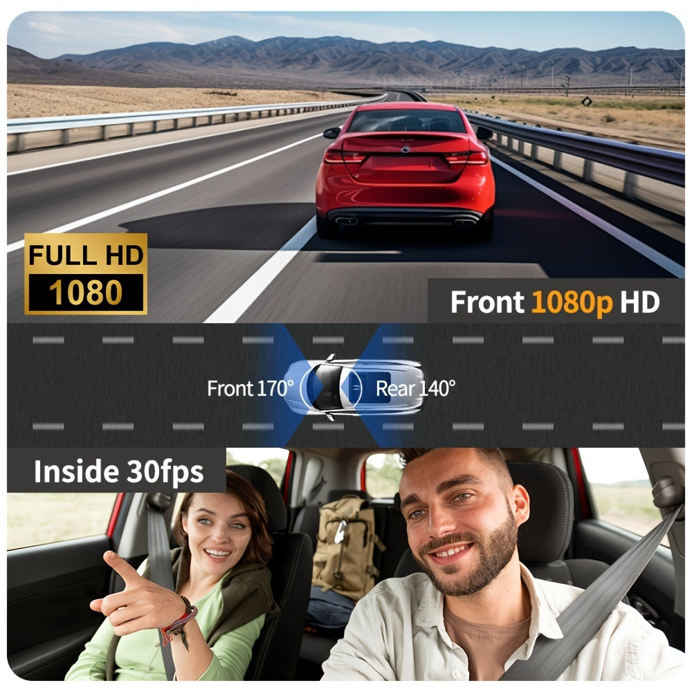 1080p Front and Cabin Dual Dash Cam - 2-Inch IPS Screen, 170 Degree Wide Angle, Loop Recording Automotive - Tophatter Daily Deals